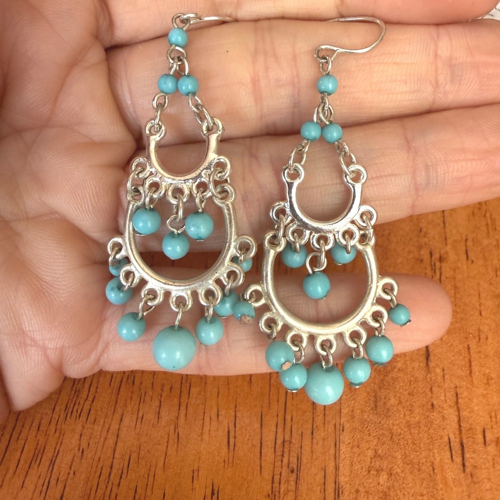 Bohemian Turquoise Blue Beaded Chandelier Dangle Earrings Silver Tone 2.5 Inch